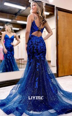 Blue Backless Evening Dress For Prom Season, Blue Mermaid Evening Dress For Formal Occasions, Blue Mermaid Gown For Prom Season, Blue Mermaid Dress For Formal Occasions, Blue Mermaid Gown For Prom, Royal Blue Mermaid Hem Prom Evening Dress, Blue Mermaid Dress With Mermaid Hem For Evening, Blue Mermaid Dress For Evening, Blue Mermaid Dress With Fitted Bodice For Prom