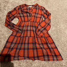 Adorable, Size Small Dress. Never Worn. Cute Long Sleeve Mini Dress For Fall, Red Cotton Dress For Fall, Casual Orange Dresses For Fall, Cute V-neck Dresses For Fall, Casual Long Sleeve Orange Mini Dress, Casual Plaid Holiday Dress, Casual Red Mini Dress For Holiday, Casual Orange Dress For Holiday, Cute Cotton Mini Dress For Fall