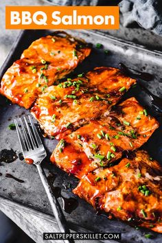 bbq salmon on a grill with a fork next to it and the title above it