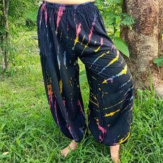 Tie Dye Harem Pants by Lotus Tribe - one size fits most. Fits 22-42" waist, Measures approx. 37-38" from waist to ankle. Women's size 2-14 / Men's size 28-34. 13.5" rise in front, 16" rise in back with 28-29" inseam Loose and baggy joggers have a gender neutral design, perfect for summer, yoga, movement, festivals and more. Each pair hand tied and dyed, will be similar to photos. Ethically made of 100% silky rayon fabric. Matching halter tops available in our new Island Collection. With elastic Casual Multicolor Rayon Bottoms, Casual Multicolor Wide-leg Harem Pants, Casual Rayon Harem Pants, Casual Multicolor Baggy Harem Pants, Casual Multicolor Rayon Pants, Casual Multicolor Harem Pants With Elastic Waistband, Casual Rayon Harem Pants With Loosely Fitted Hips, Casual Rayon Ankle-length Harem Pants, Summer Multicolor Baggy Harem Pants