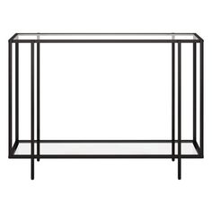 a black metal and glass console table with two shelves on one side, against a white background