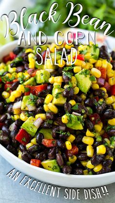 black bean and corn salad in a white bowl