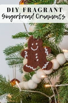 a homemade gingerbread ornament hanging from a christmas tree