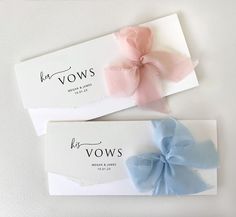 two business cards with blue and pink bows on them, one is for vows