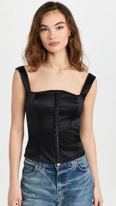 Reformation Tagliatelle Silk Top | Shopbop Reformation Clothing, Sleeveless Tops, Silk Charmeuse, Cami Tanks, Black Sleeveless, Silk Top, Square Neckline, Lace Trim, Sleeveless Top