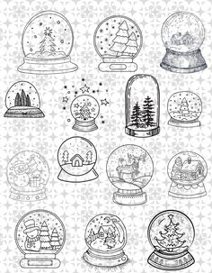 snow globes with christmas trees and other things in them, all drawn by hand