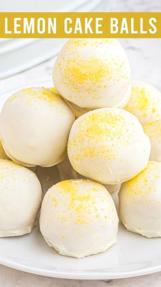 lemon cake balls on a white plate with the title in yellow above it and overlay