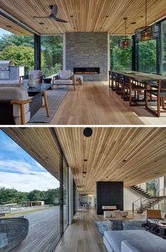 two pictures of the inside and outside of a house with wood floors, windows, and furniture