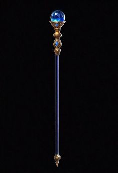 a tall blue and gold pole with a glass ball on it's end, against a black background