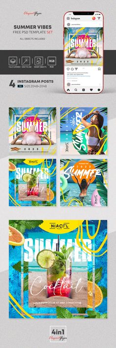 an advertisement for summer vibes is shown in three different colors and sizes, as well as