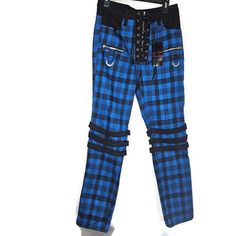 Y2k Royal Bones Blue Women's Sz 13 Junior Plaid Buckle Pants Jeans Gothic Punk. Condition New With Tags Vinyl Display, Buckle Pants, Scene Outfits, Gothic Punk, Blue Outfit, Pants Jeans, Punk Fashion, Concept Store, Jeans Pants