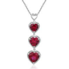 Brand: Jewelili Color: Red Features: Sterling Silver With Created Ruby and White Diamond Pendant Necklace Three created gemstones of graduated size span the length of this open-heart pendant, whose diamond-encrusted outline is suspended from a sterling silver chain. Cable chain with spring-ring clasp Crafted in .925 sterling silver All our diamond suppliers confirm that they comply with the Kimberley Process to ensure that their diamonds are conflict free. Imported Item Condition: New Binding: J Sweet Necklace, Crystal Choker Necklace, Red Gemstones, Classy Jewelry, Ruby Jewelry, Crystal Choker, Message Jewelry, Long Pendant Necklace, Open Heart