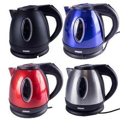 four electric kettles with different colors on them