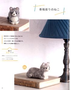 an image of a small cat sitting on a book next to a lamp and some books