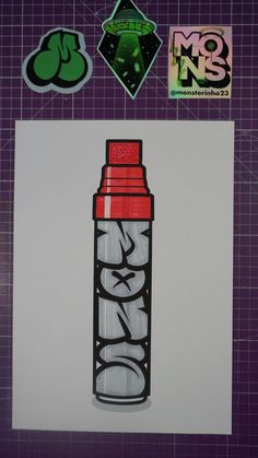 a drawing of a red and black spray bottle with stickers on it's side