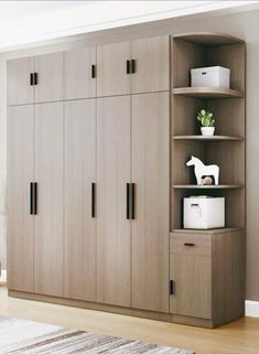 a large wooden bookcase with several shelves and drawers in the middle of a room