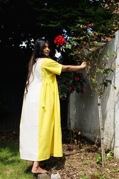 Sunshine in dress form. Brighten up your wardrobe with this charming dress featuring a stunning combination of vibrant yellow with crisp Jamdani white. Made from handspun and handwoven fabric in Jamdani cotton and cotton. The artisanal fabric is slowly made on the looms in West bengal and Madya Pradesh, India. The garments are sewn by women artisans from Sewing the Seeds organization which works on women empowerment through fair employment. Handmade in India. White Handloom Summer Dress, Traditional Yellow Cotton Dress, Handwoven Fabric, Blog Instagram, West Bengal, Cotton Set, Women Artisans, Dress Form, Muslin Cotton