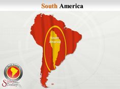 the map of south america is shown in red and yellow with an orange circle around it