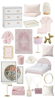 a collage of pink and gold items including a bed, dresser, lamp, mirror, lampshade