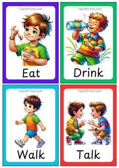 four cards with different pictures of children eating, drinking, and talking to each other