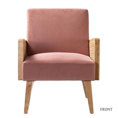 a pink chair with wooden legs and armrests on an isolated white background, front view