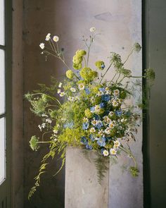 a vase filled with lots of flowers next to a window