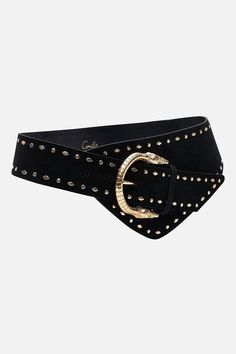 A finishing touch to your ensemble of excess, the Solid Black Asymmetric Belt sports a classic black palette with golden studs. Crafted from soft and durable suede leather, this luxury belt features gold hardware details, an asymmetrical design and a crocodile buckle. Allow flow through your outfit but matching your jewellery to the gold of the hardware.- Solid Black Asymmetric Belt- Solid Black takes inspiration from elevation through embellishment- Solid black print- CAMILLA accessories- Luxur Black Palette, Luxury Belt, Luxury Belts, Gold Belt, Fashion Portfolio, Rock Chic, Studded Belt, Asymmetrical Design