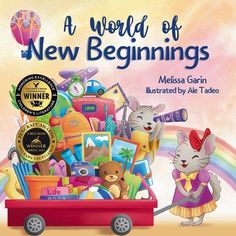 a book cover for a world of new beginnings with an image of a mouse pushing a wagon