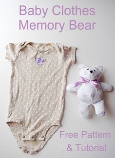 a teddy bear next to a baby's memory bear on a white background with text overlay that reads, baby clothes memory bear