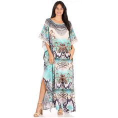 This lovely kaftan dress features a boat-neck and generous sleeve openings. Also, nicely placed rhinestones around the neckline. This garment is perfect for all body shapes, made with lightweight soft opaque crepe fabric and colorful print. Printed Tunic Maxi Dress, Summer Floor-length Dress With Digital Print, Patterned Long Maxi Dress For The Beach, Patterned Maxi Dress For The Beach, Tropical Printed Maxi Dress With Short Sleeves, Multicolor Digital Print Dress For The Beach, Flowy Printed Long Maxi Dress, Flowy Long Printed Maxi Dress, Beach Season Patterned Printed Maxi Dress