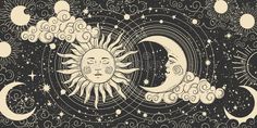 the sun and moon are in the sky with clouds, stars and swirls around them