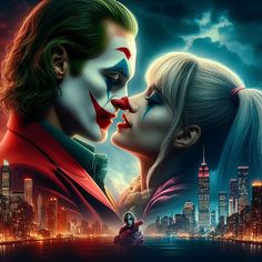 the joker and harley kiss in front of a cityscape with skyscrapers at night