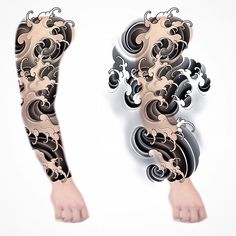 an artistic tattoo design on the arm and leg