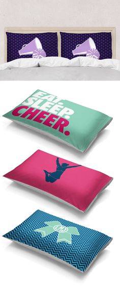 three pillows with different designs on them and the words sleep cheer written in pink, blue, and green