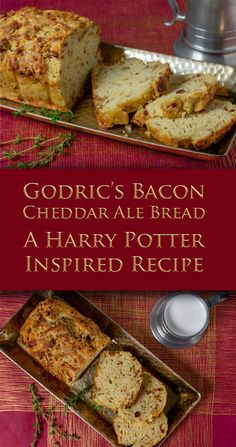 some food is sitting on a table next to a cup and saucer with the words gordi's bacon cheddar ale bread harry potter inspired recipe