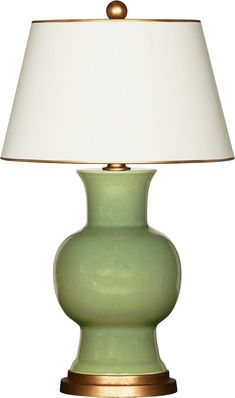 a light blue lamp with a white shade on the top and gold trim around the base