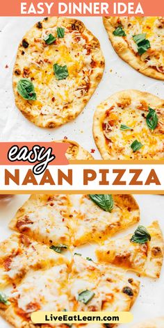 Photo of the naan pizza. Text reads 'easy dinner idea'