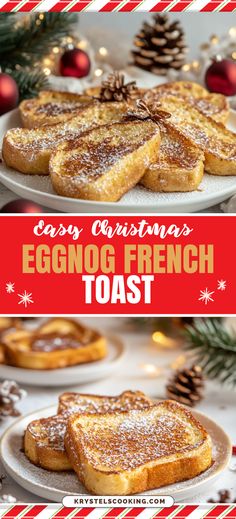 eggnog french toast on a plate with christmas decorations in the background