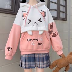 Material: Cotton size: one size Color: black, pink Length: 61cm Bust: 110cm Tips: 1cm = 0.3937inch Aesthetic Hoodies, Kawaii Hoodie, Chat Kawaii, Cute Cat Face, Printed Hoodies Sweatshirts, Cute Coats, Cute Hoodie, Cat Hoodie, Fleece Sweater