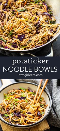 two pictures of noodles and vegetables in a skillet with chopsticks on the side