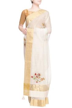 Shop for Prama by Pratima Pandey Gold Kora Cotton Chanderi Silk Embroidered Saree for Women Online at Aza Fashions Pratima Pandey, White And Gold Saree, Thread Work Saree, Gold Saree, Chanderi Silk Saree, Saree For Women, Embroidered Saree, Yellow Polka Dot, Polka Dot Fabric