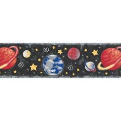 a space themed wallpaper border with planets and stars on black background, in the shape of a tape