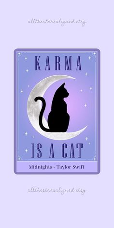 a black cat sitting on top of a moon with the words karma is a cat