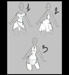 the steps to draw a woman's dress in three different ways, including how to tie