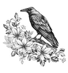 a black bird sitting on top of flowers