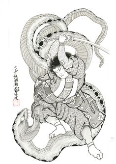 an ink drawing of a woman holding a snake