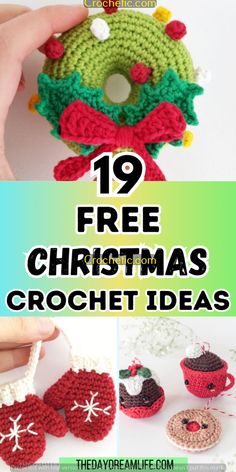 crocheted christmas ornaments with text overlay that reads, 19 free christmas crochet ideas