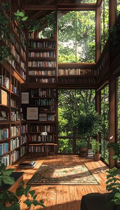 a room filled with lots of books and plants