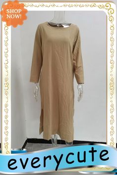 Women's Vintage Casual Plain Long Sleeve Scoop Neck Maxi Dress Casual Solid Color Longline Midi Dress, Casual Solid Longline Midi Dress, Casual Longline Solid Color Midi Dress, Beige Crew Neck Spring Dress, Beige Crew Neck Dress For Spring, Casual Khaki Maxi Dress For Fall, Plain Crew Neck Dress For Spring, Spring Plain Crew Neck Dress, Plain Spring Dress With Crew Neck