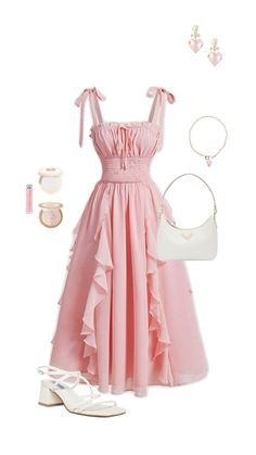 a pink dress and accessories are arranged on a white background